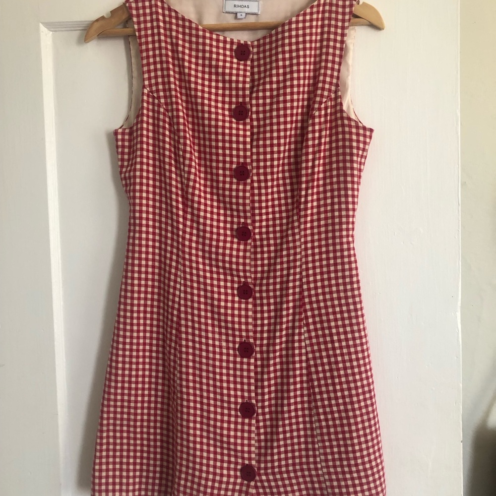 RIHOAS Red Gingham / Plaid Mini Dress Boat Neckline